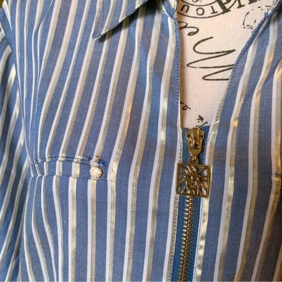 Anne Klein Zip Up 3/4 Sleeve Pin Striped Blouse Mountain Lake Combo Plus Size 2X - Picture 6 of 12